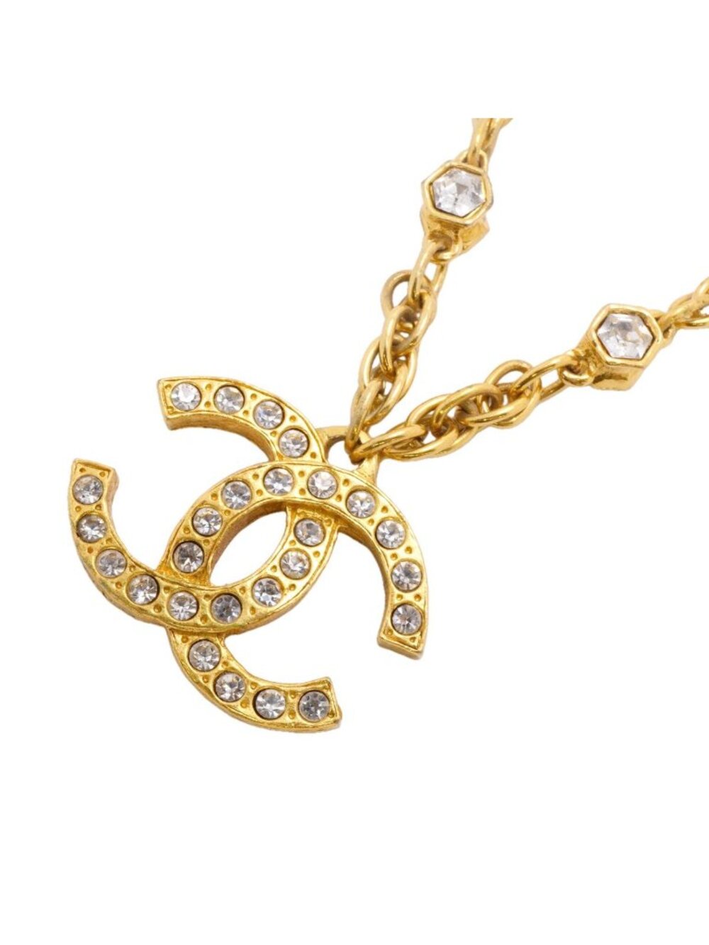Chanel Necklace Vintage CC Logo Gold Plated Rhinestone